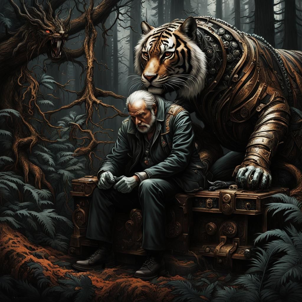 Dark Fantasy: Scientist and Metallic Tiger in Forest