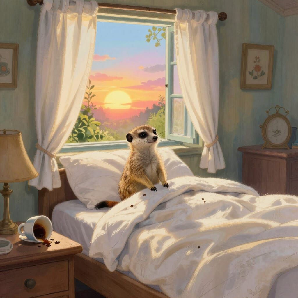 Mischievous Meerkat in Bed with Sunrise View