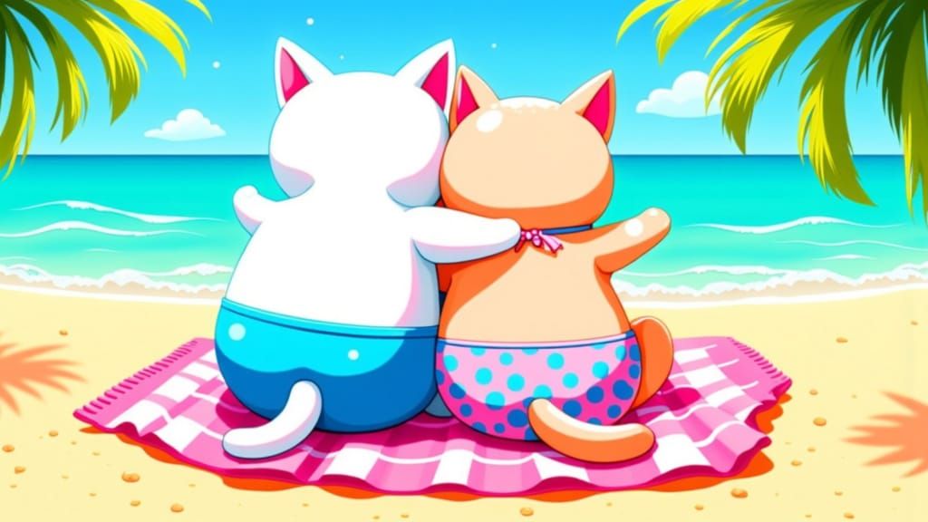 Kawaii Cat Couple Soaks Up Beach Sun