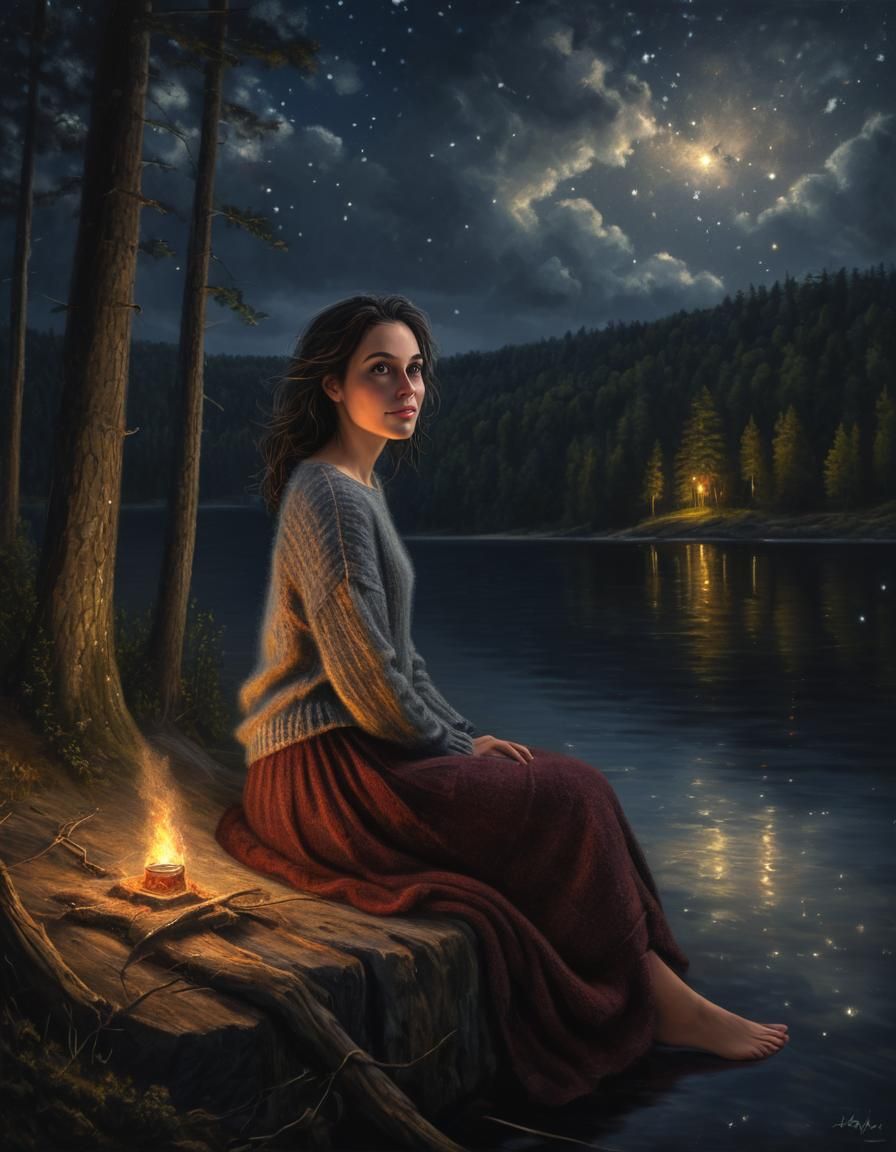 Chiaroscuro Oil Painting of Woman Under Starlight