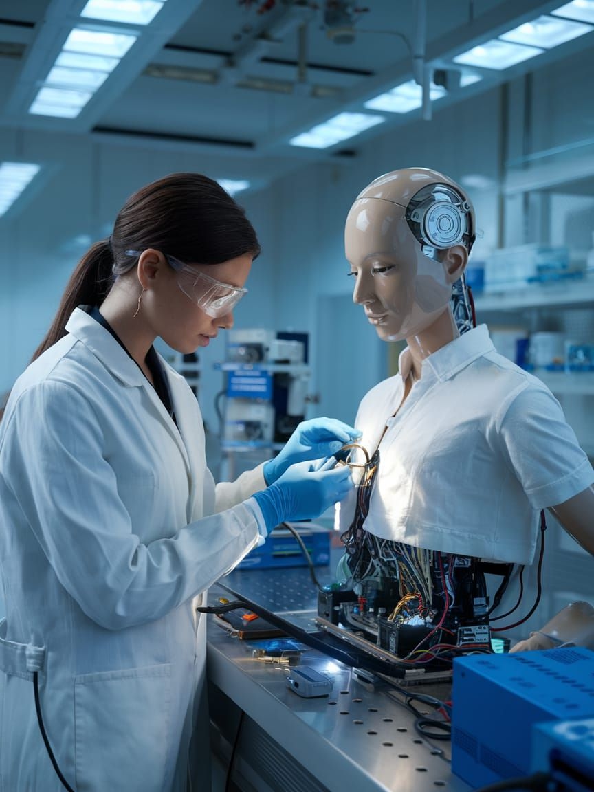 Female Technician Repairs Humanoid Robot Circuitry