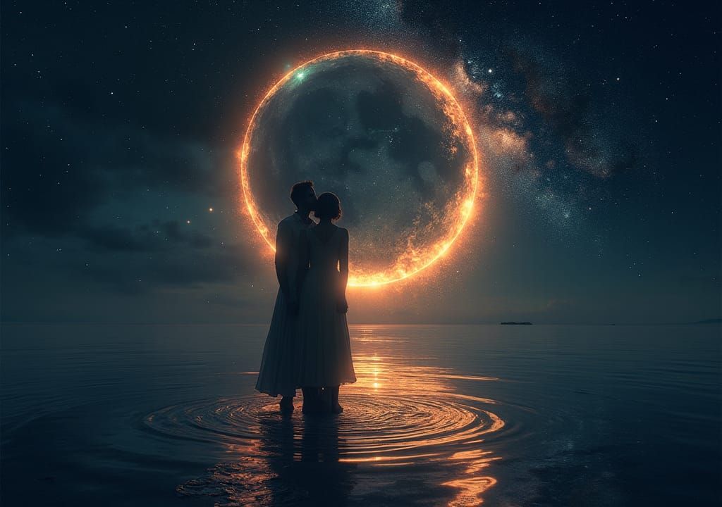 Surreal Heliotropic Night Photoillustration with Swirling Li...