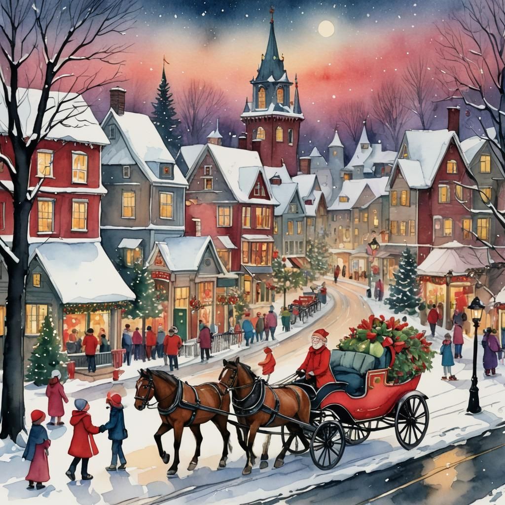 Christmas Town Watercolor Illustration with Horse and Buggy