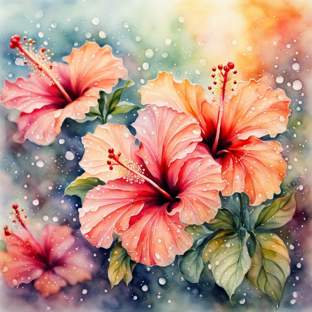 Sparkling Hibiscus Flowers in Watercolor Style