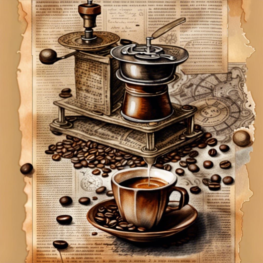 Steampunk Coffee Still Life in Watercolor