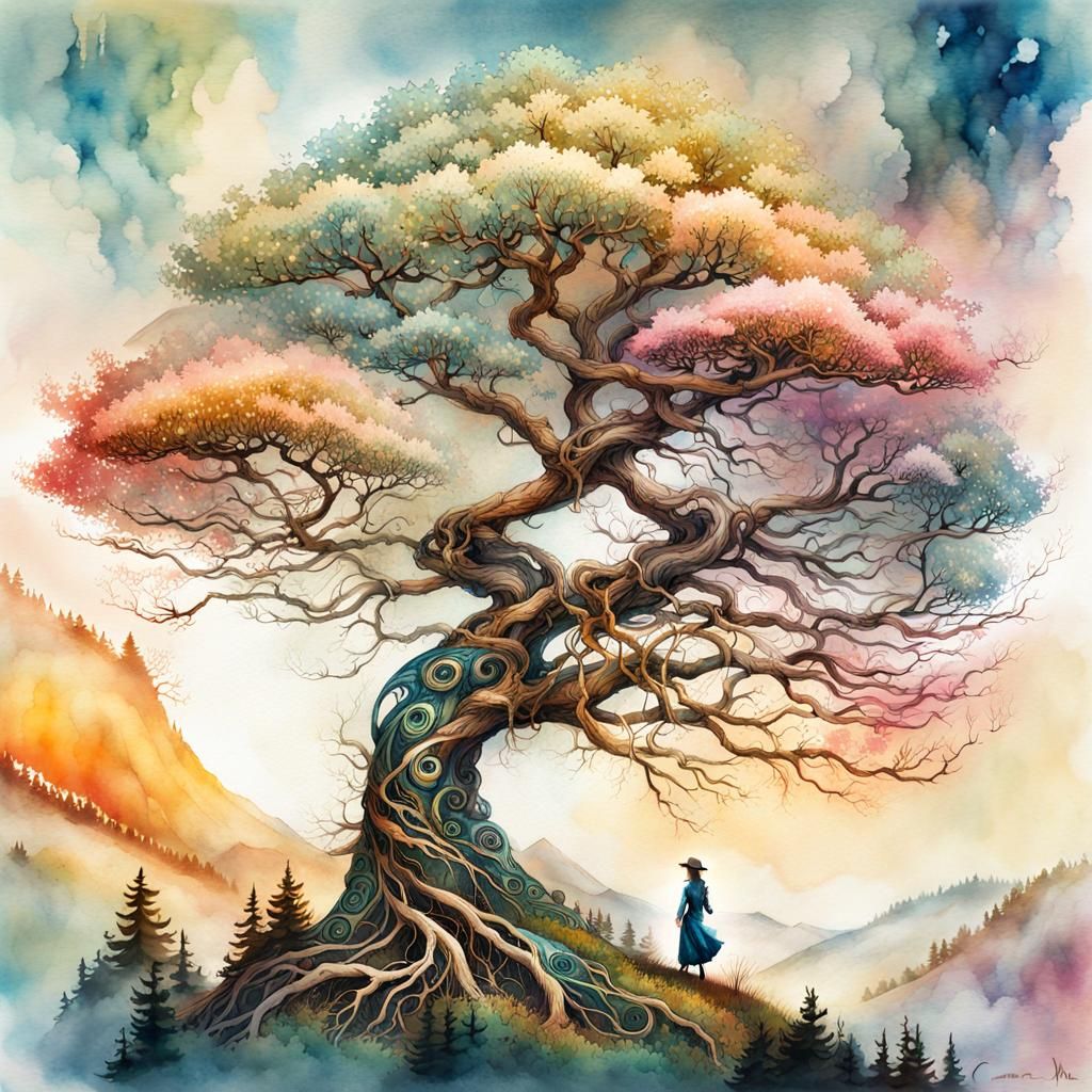 Dogwood Hawk Double Exposure Digital Watercolor Illustration