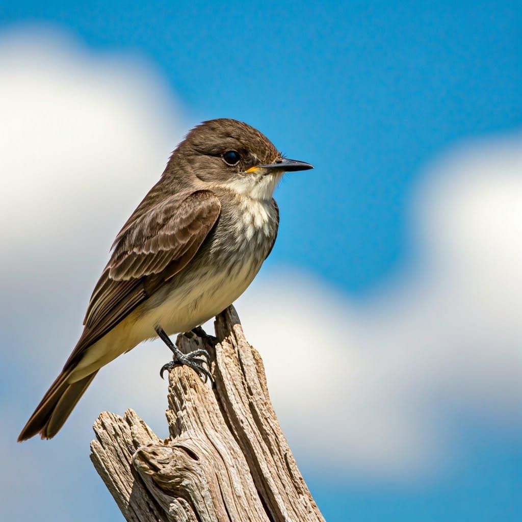 Phoebe Bird Portrait on Weathered Branch