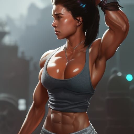 Muscular Gym Girl Concept Art in Orange and Teal