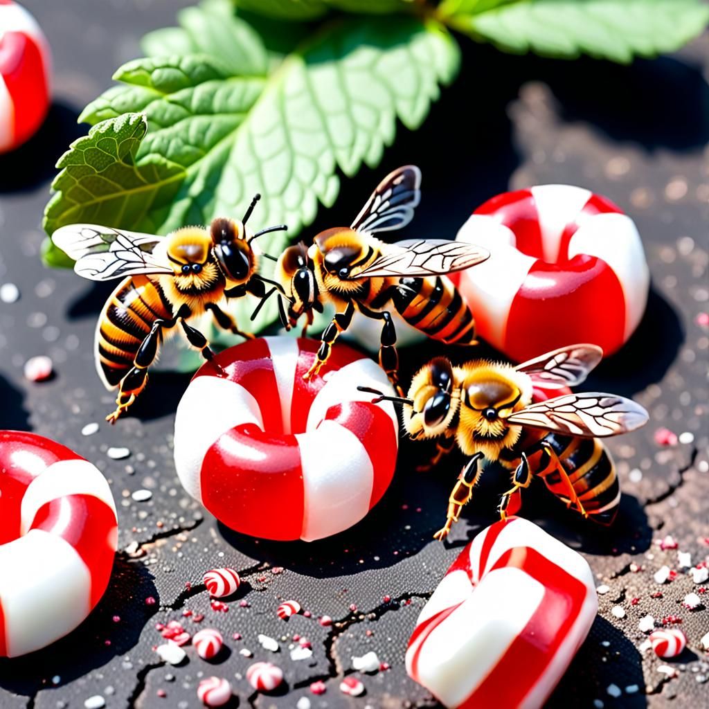 Honey Bees Crawling on Peppermint Candy