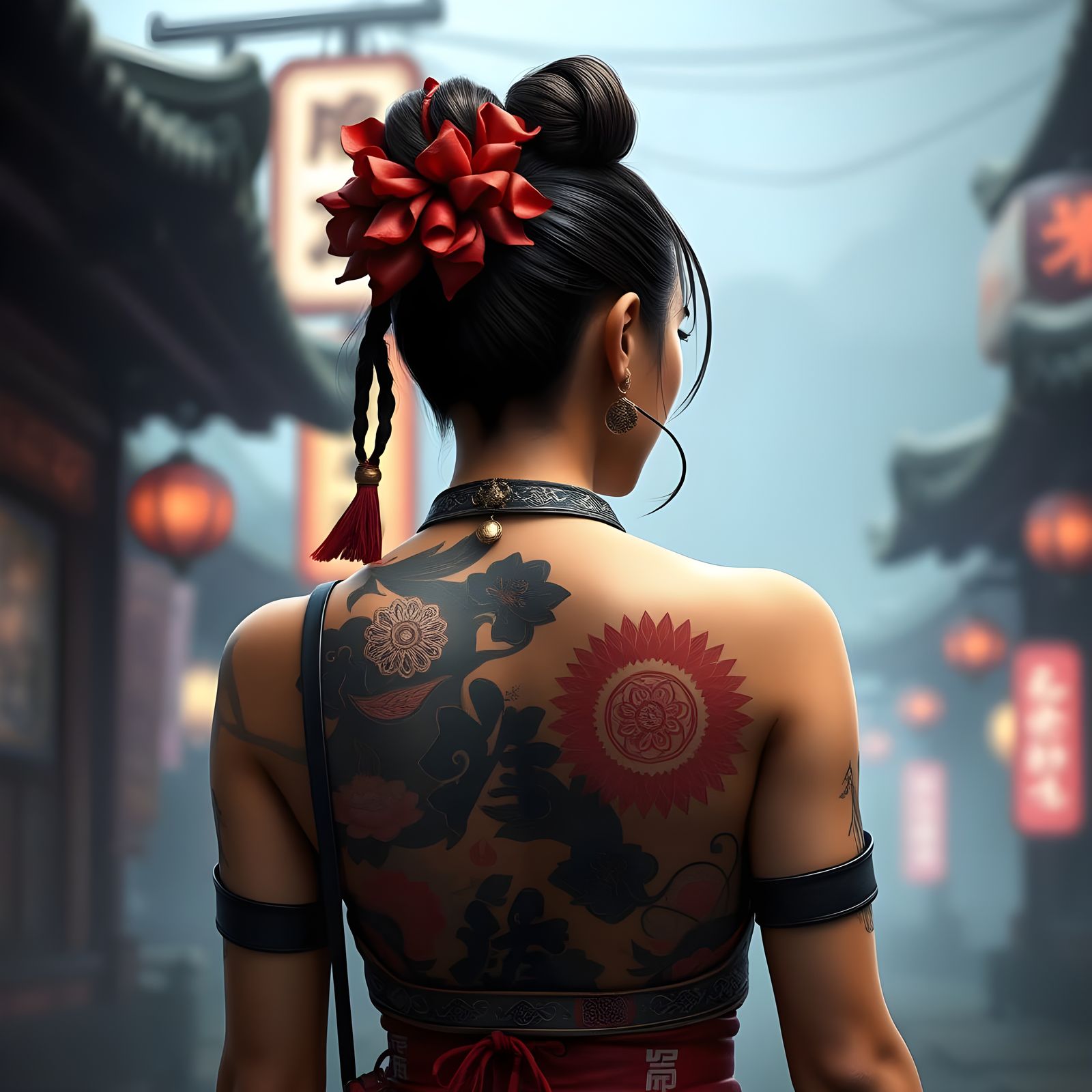 Yakuza Airbrush Art on Chinese Woman, 3D Render