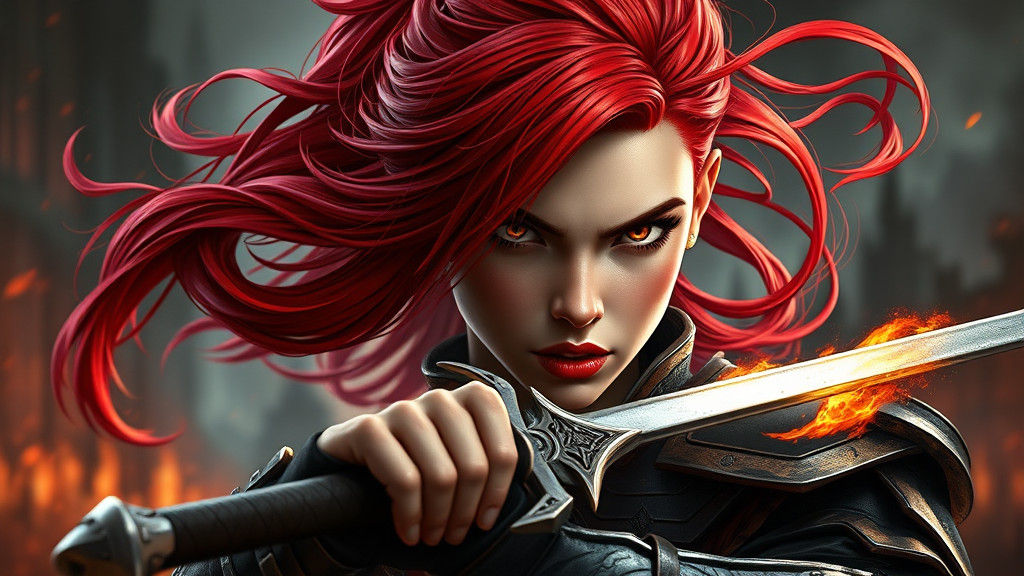 Fierce Red-Haired Warrior in Fantasy Landscape