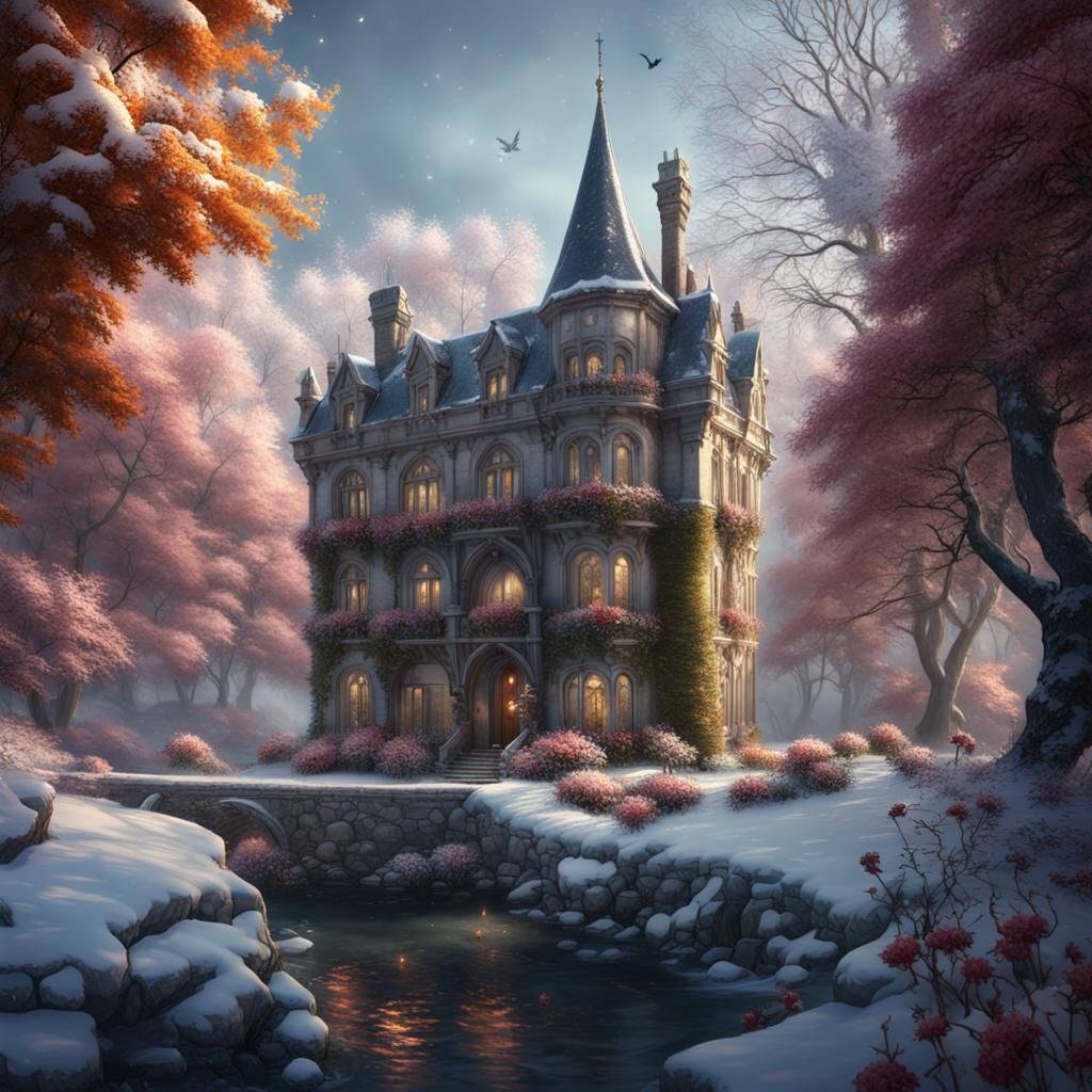 Snowy Mansion Surrounded by Blossoms: Matte Painting