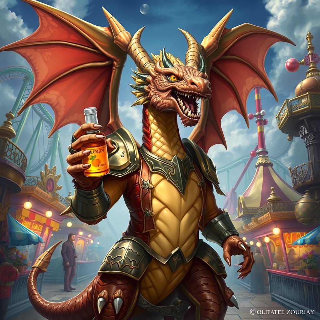 Armored Dragon Guarding a Fantasy Amusement Park