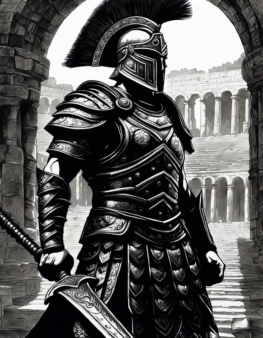 Shadowy Gladiator Ink Portrait in Coliseum Arena