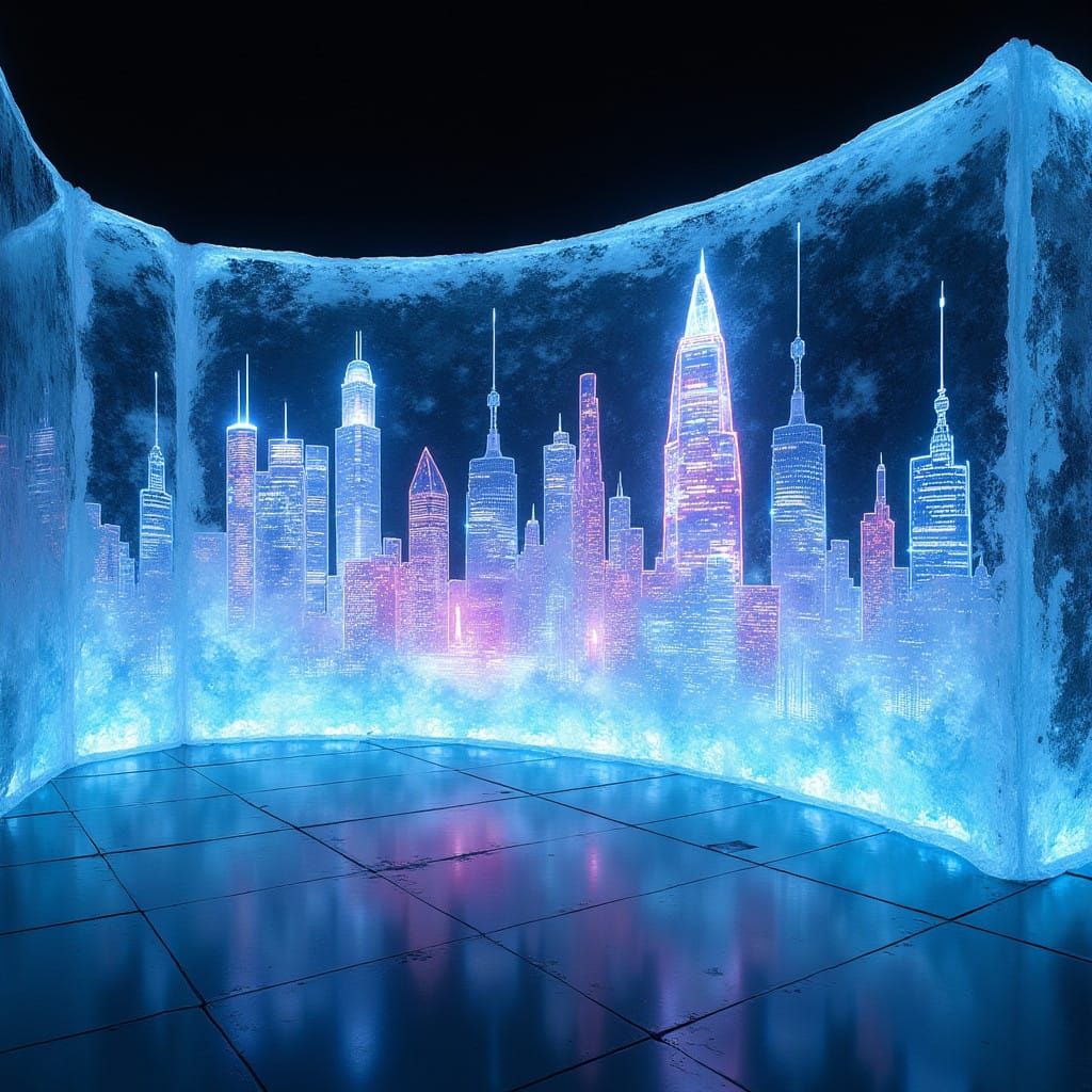 Futuristic Cityscape Hologram on Icy Wall