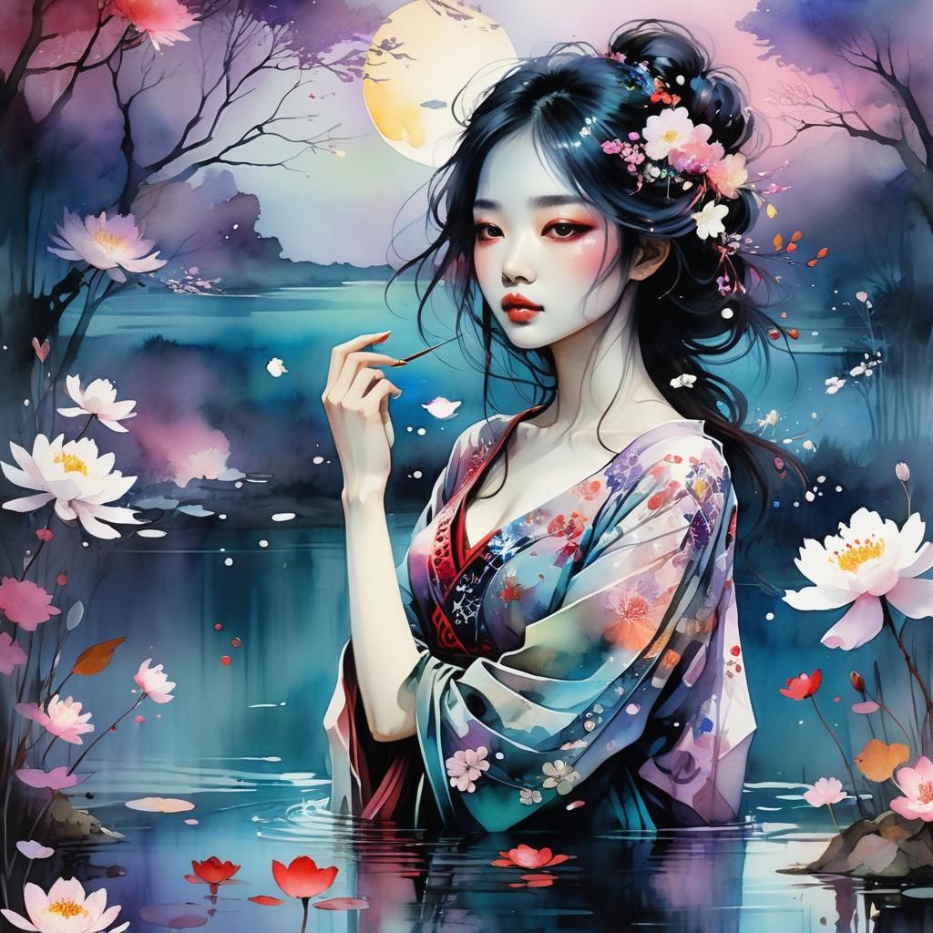 Dreamy Lake Glade at Night in Watercolor Style