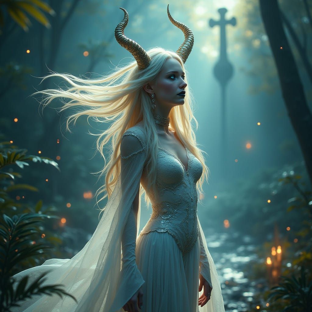 Regal Blonde Demoness Surrounded by Ethereal Mysticism and B...