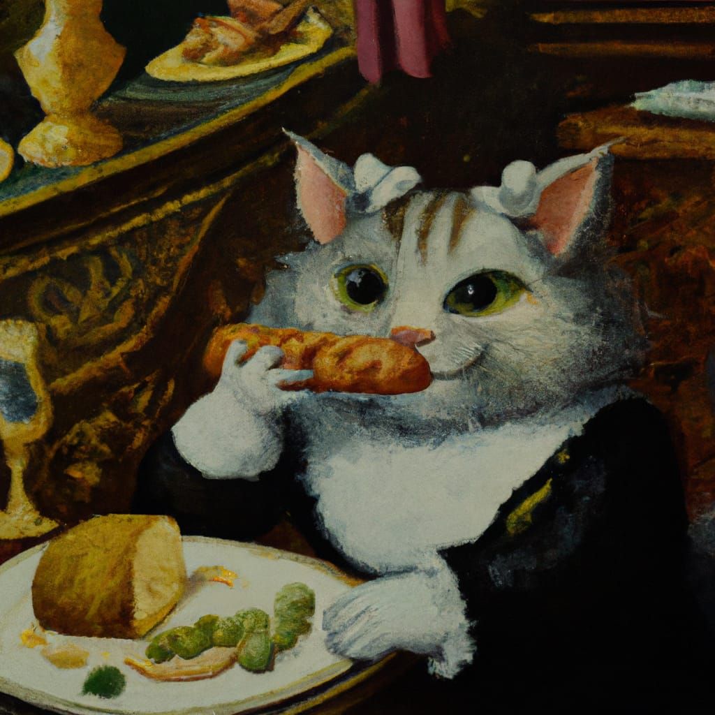 Chibi Victorian Cat at Café: Renaissance Oil Painting
