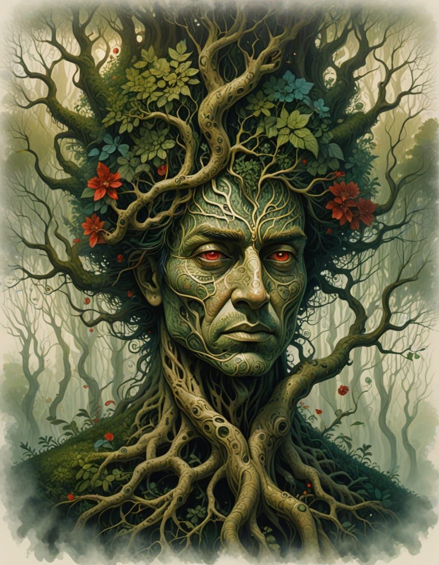 Contemplative Face Emerging From Tree, Surreal Digital Art