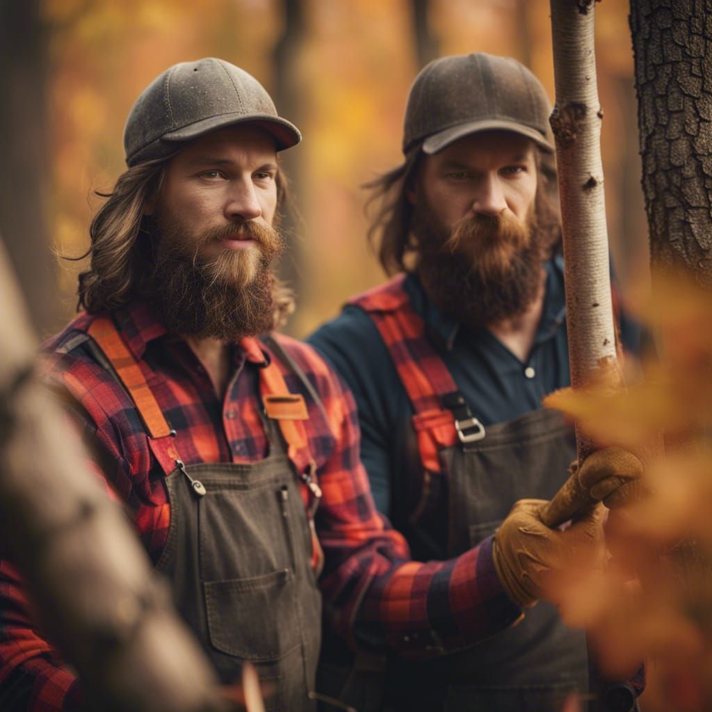 Happy Lumberjacks Working Together in the Fall