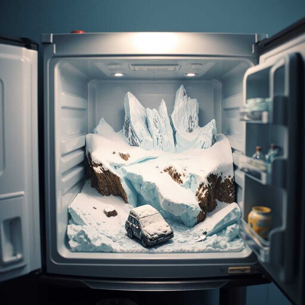 Frozen Miniature Landscape Inside a Freezer