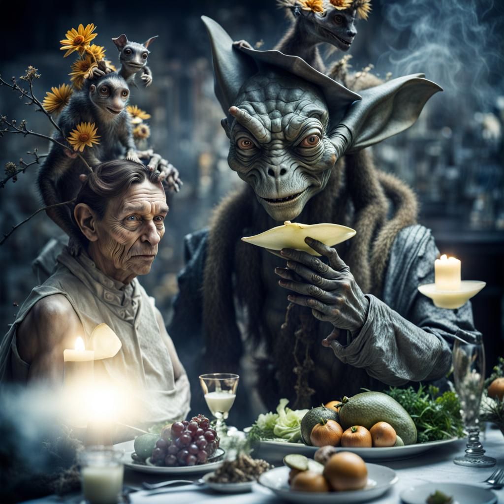 Surreal Restaurant Scene with Exotic Aliens, Professional Ph...