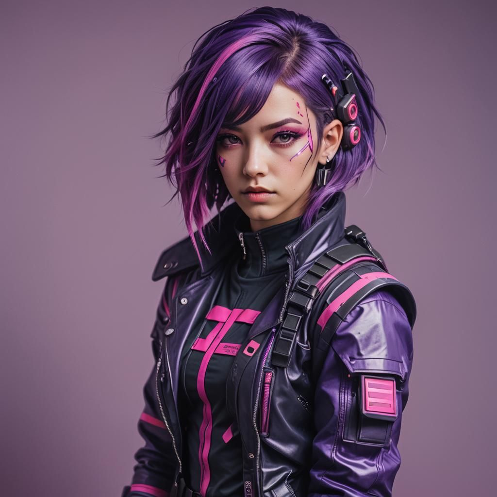Cyberpunk Woman with Purple Hair and Pink Highlights