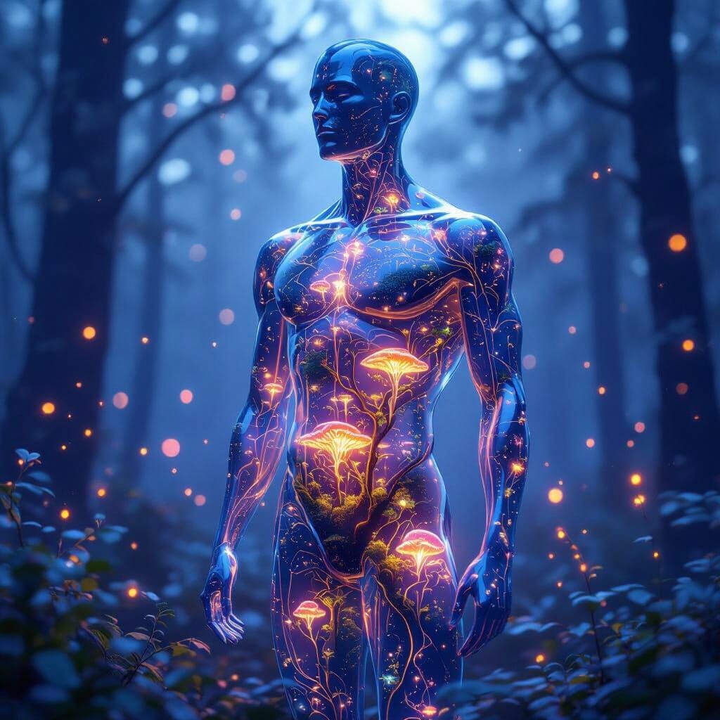 Glass Man with Internal Biosphere in Twilight Forest