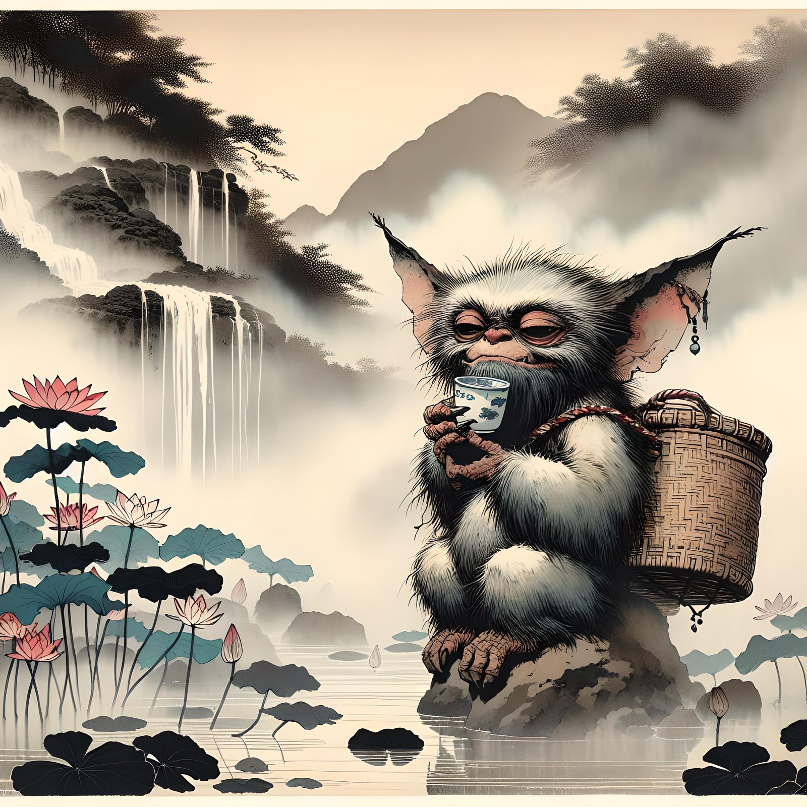 Gremlin Tea Time in Ukiyo-e Style