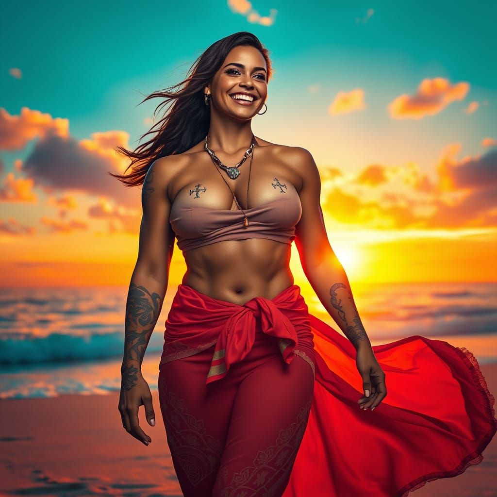 Radiant Woman on Sunset Beach, Hyperrealistic Digital Art