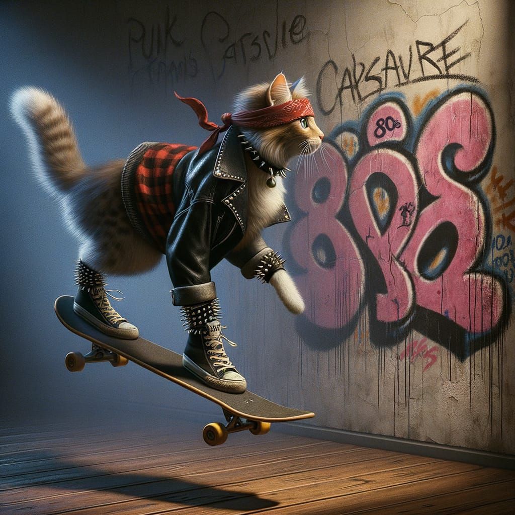 Punk Cat Skateboarding on 80s Graffiti Wall