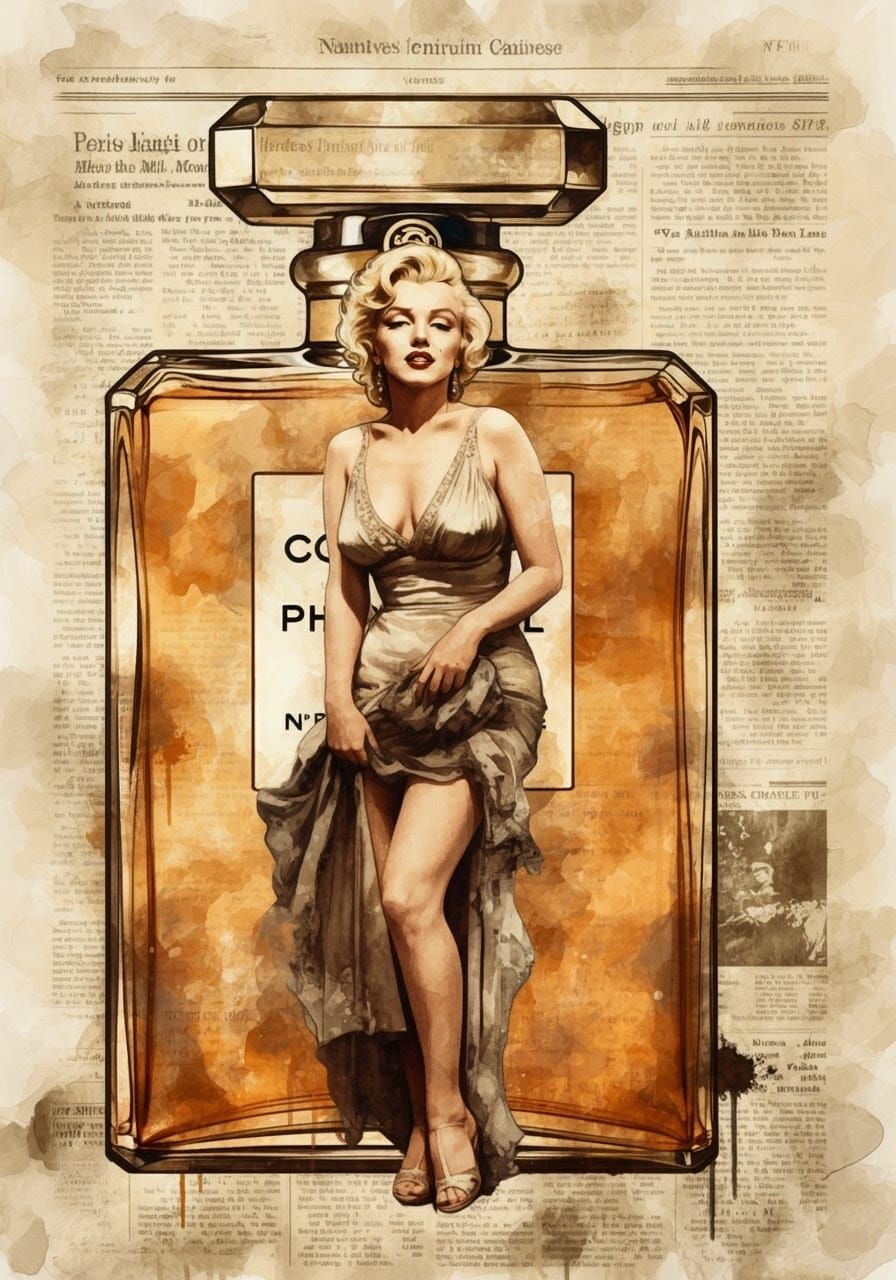 Portrait of Marilyn Monroe, in front of a coco chanel perfume Nr 5, soft wet watercolor, rough texture, vintage newspape...