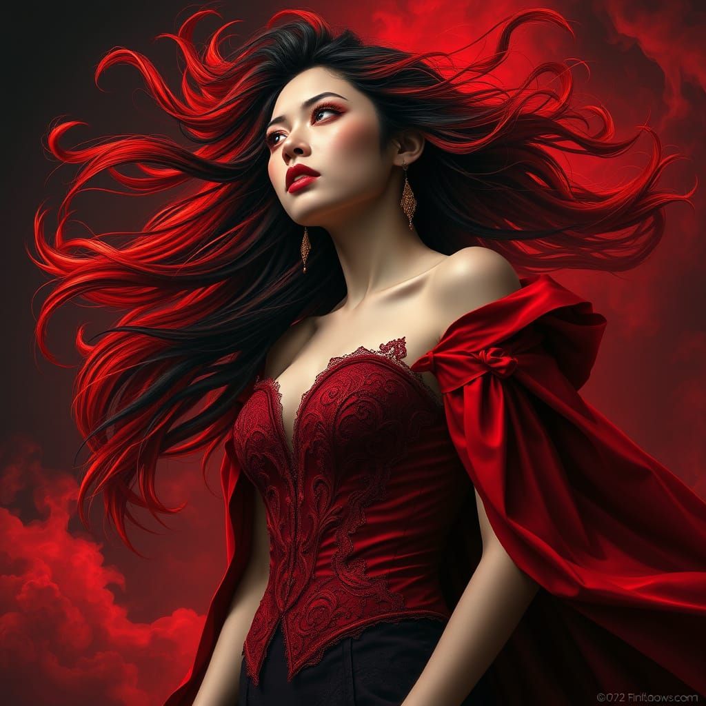 Sensual Femme Fatale in Crimson Storm