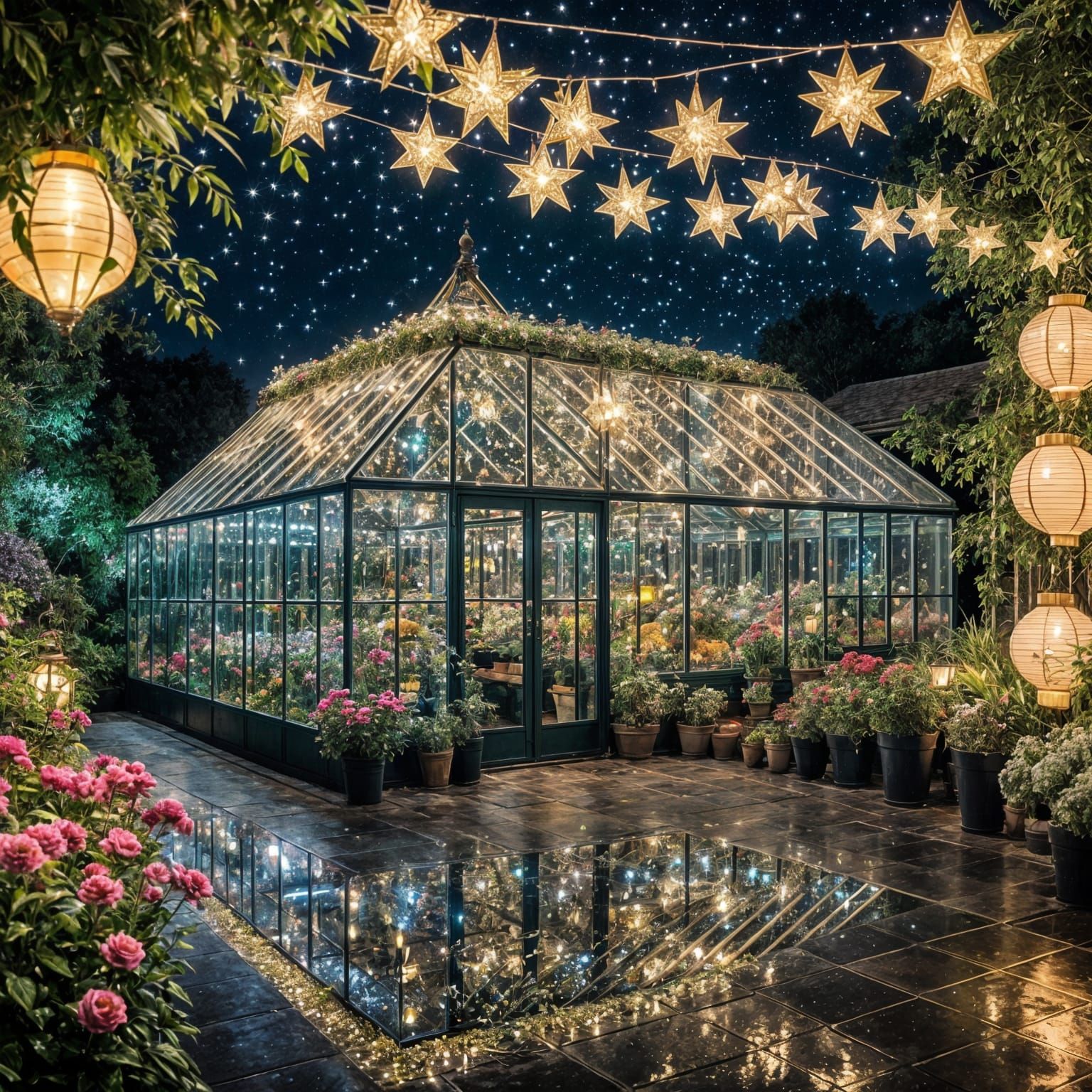 Enchanted Glasshouse at Night with Twinkling Lights