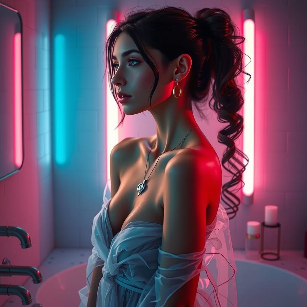 Elegant Woman in Bathroom with Hypnotic Blue Eyes