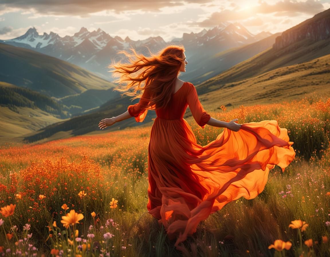Woman in Field of Flowers at Sunset, Digital Painting