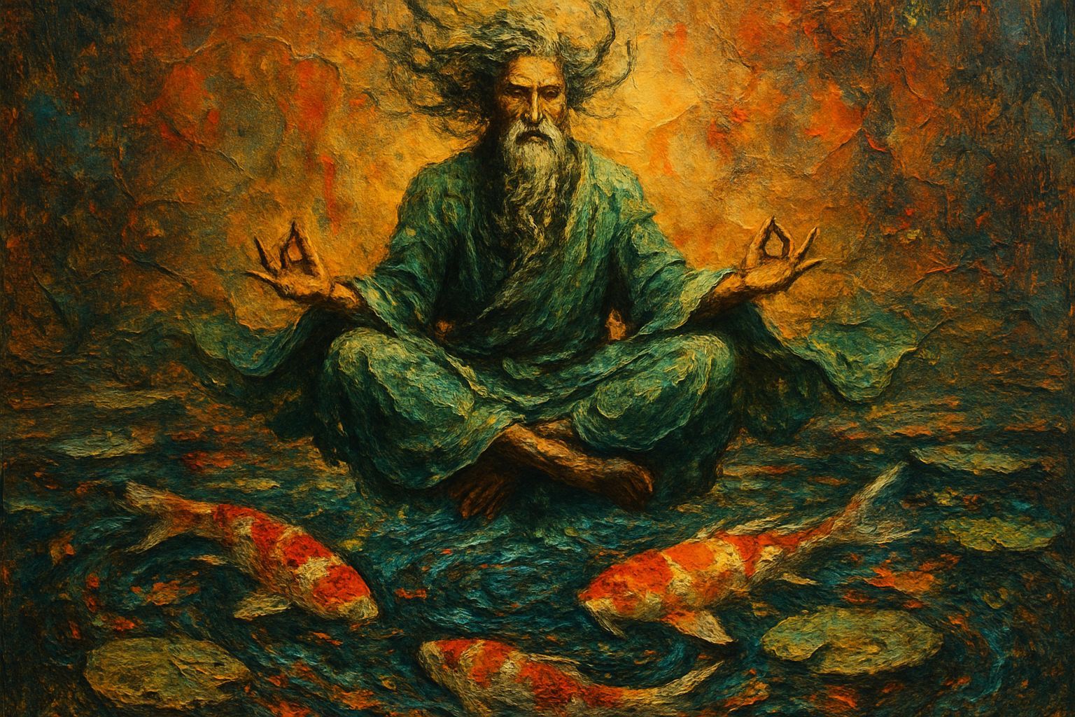 Yoga Master Floats Over Detailed Koi Pond in Abstract Surrea...