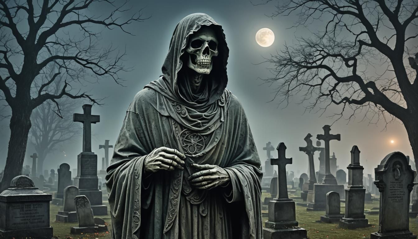 Surreal Death Portrait in Graveyard with Full Moon