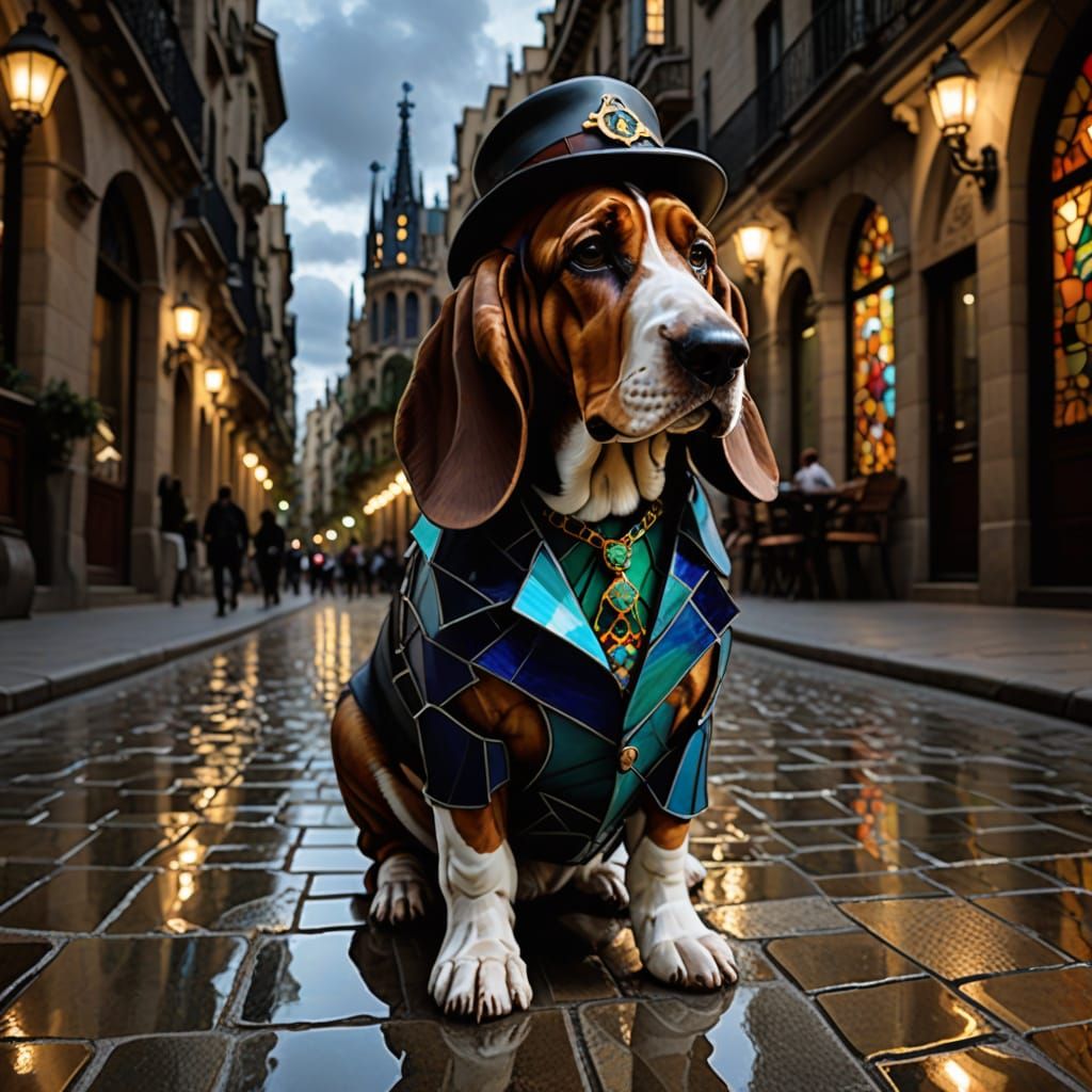 Detective Basset Hound in Gaudi-Inspired Architecture