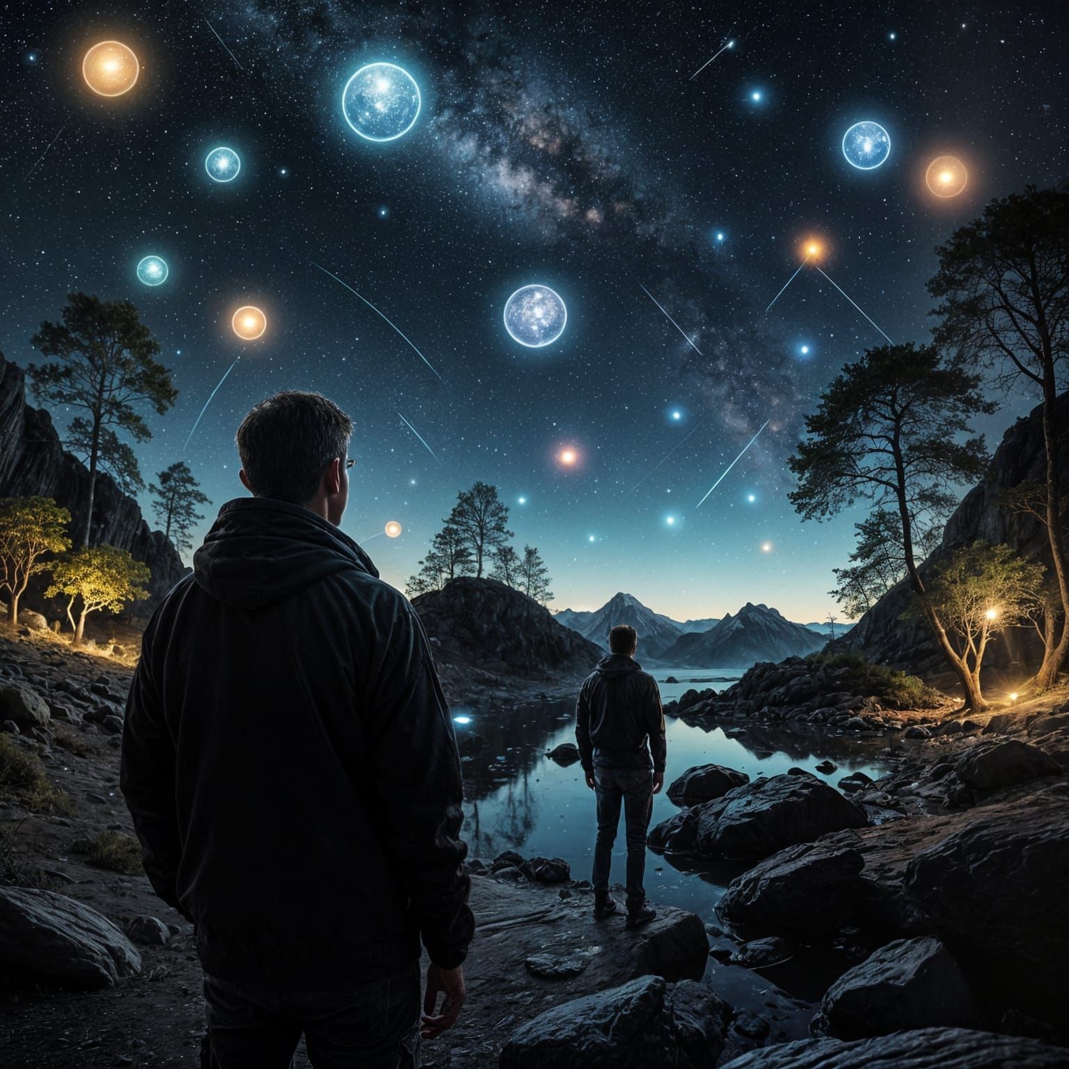 Man Contemplates Cosmic Wonders of Glowing Orbs in Cinematic...