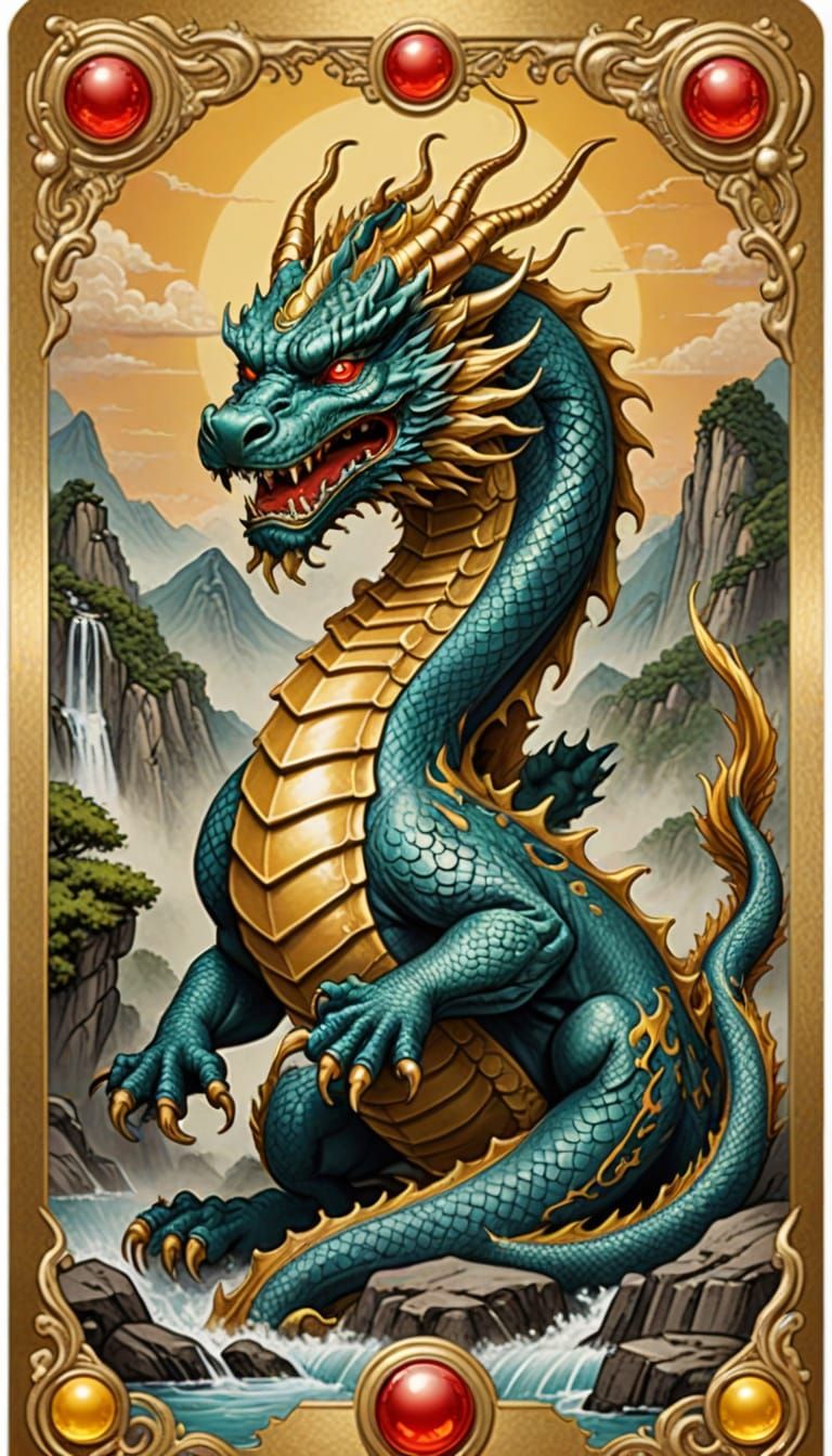 Majestic Chinese Dragon Tarot Card with Golden Border