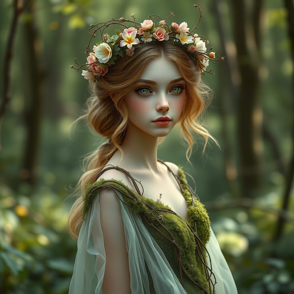 Ethereal Forest Nymph in a Lush Fantasy Style