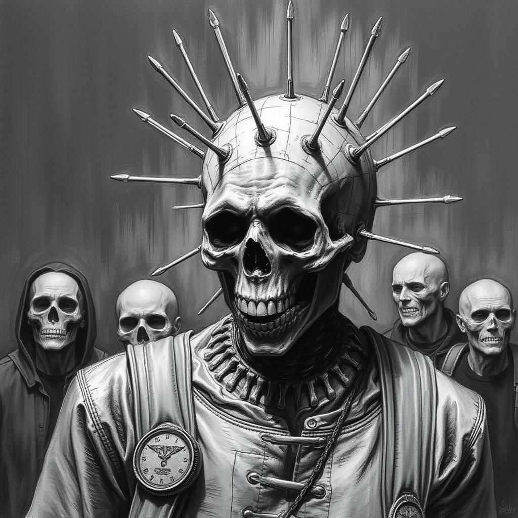 Pinhead Charcoal Portrait Behind Crenelated Barricade