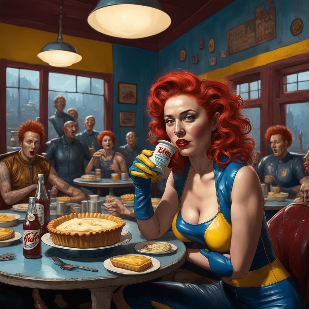 1940s Diner Scene with Redhead and Pie, Detailed Matte Paint...