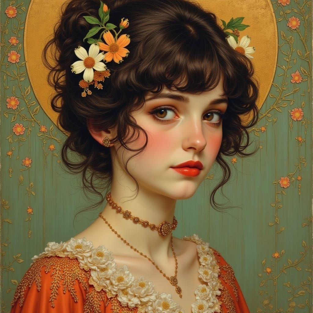 Elegant Brunette in Medieval Gown, Art Nouveau Style