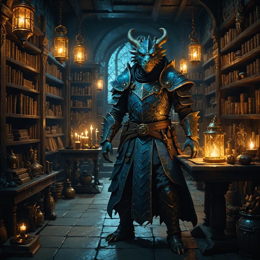Dragonborn Wizard in Dimly Lit Laboratory