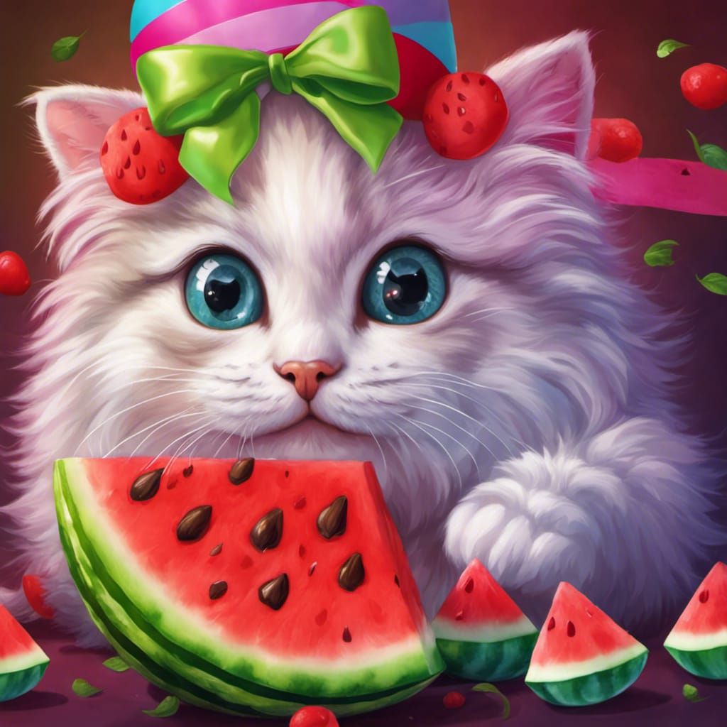 Kitten Covered in Watermelon: Candy Art Illustration