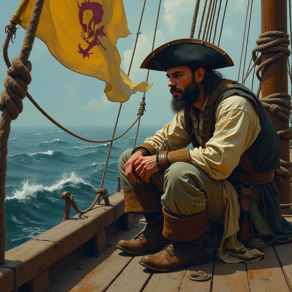 Pirate Crewmate on Ship Deck in Art Nouveau Style