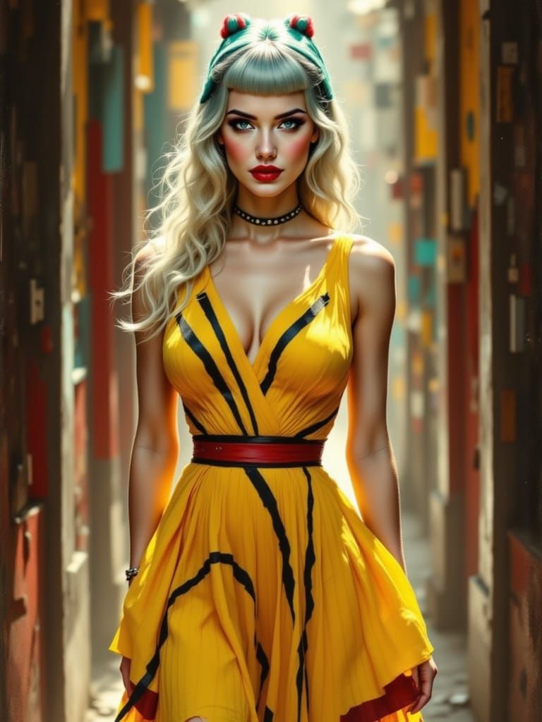 High Fashion Pin-Up Woman in Yellow Dress with Pink & Teal H...