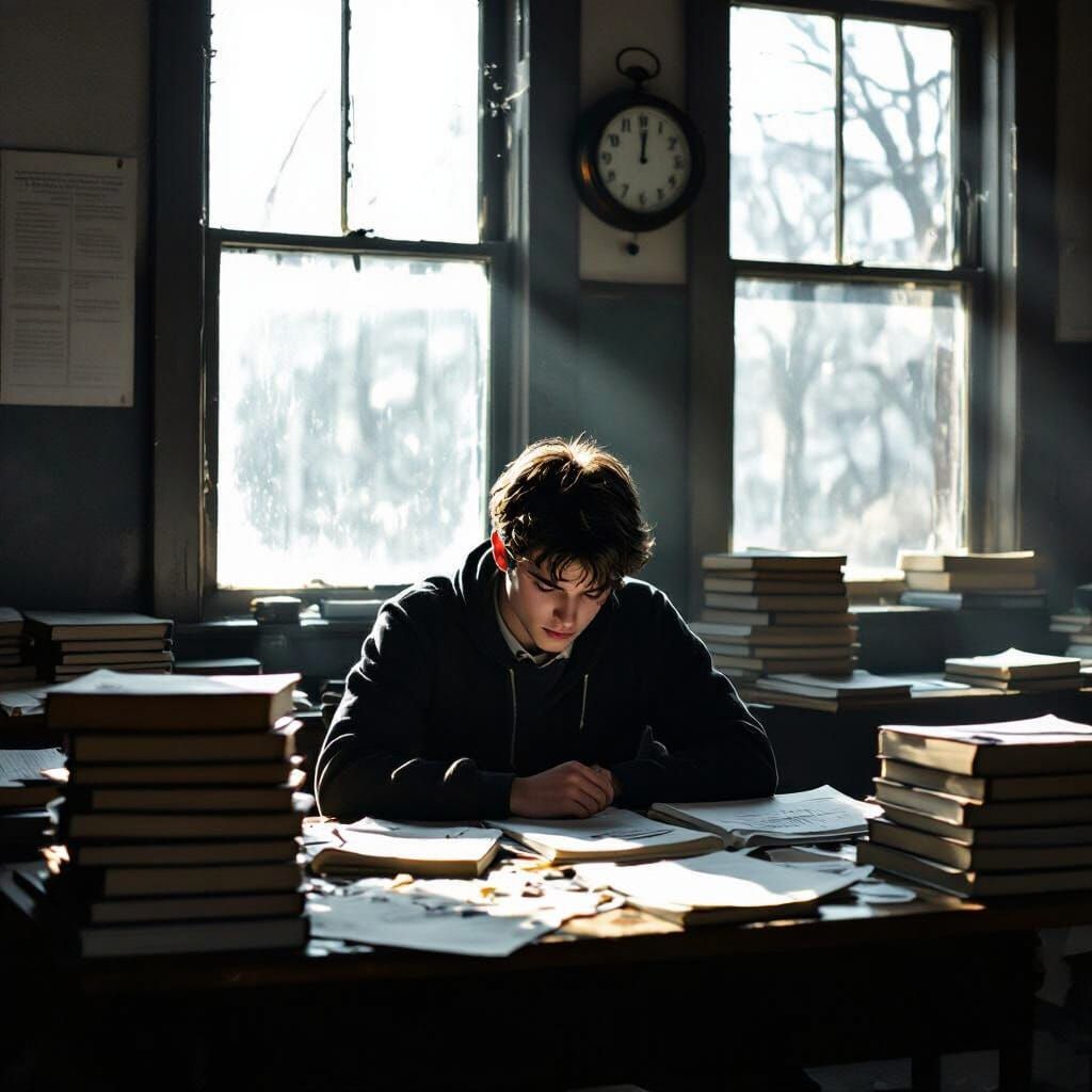 Student Studying Late in Dimly Lit Classroom